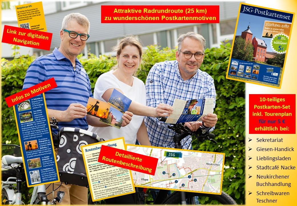 Günter Weppler, Katja Havestadt und Marc Hell sind auch begeistert von der Radrundroutenkarte, die an den Motiven aus dem JSG-Postkarten-Set vorbeiführt.